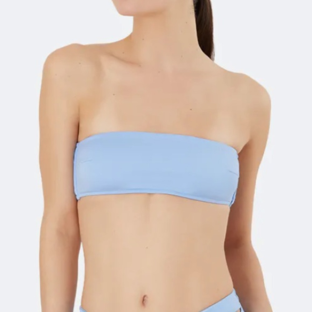 Onia Powder Blue Jo Bandeau Strapless Smocked Back Slip On Bikini Top Swimsuit